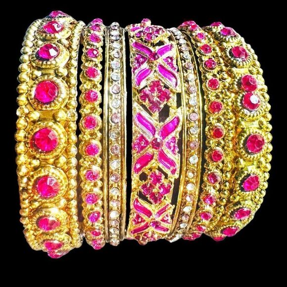 7x BULK LOT PINK & GOLD TONE COLORFUL BANGLE BRACELET Jewelry Rhinestone Wearabl - Picture 1 of 6